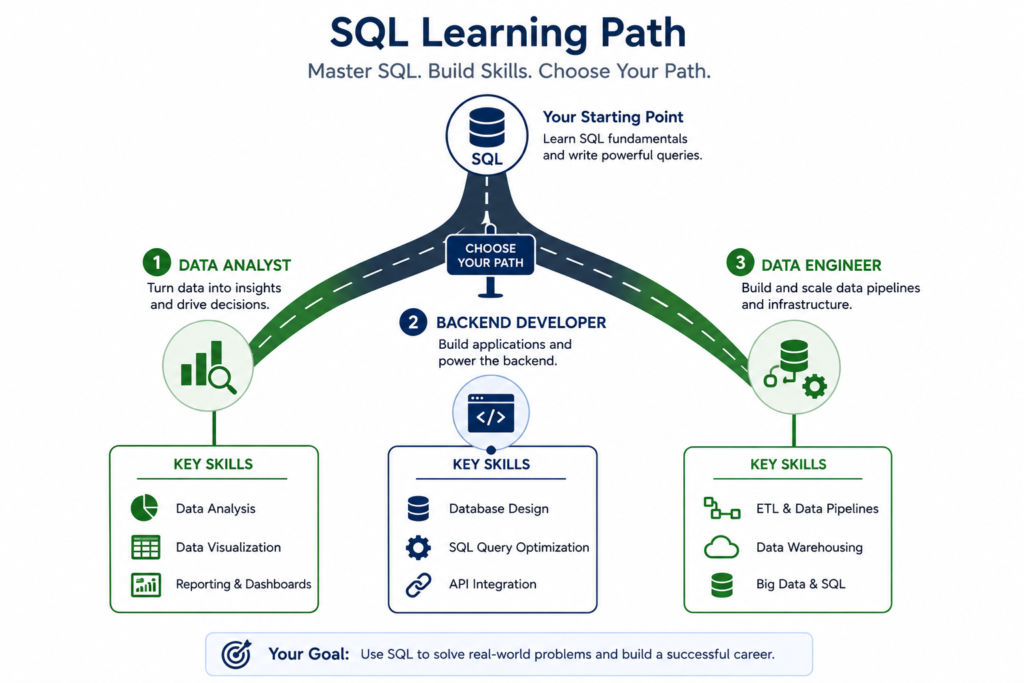 sql developer roadmap branching into analyst and engineer paths